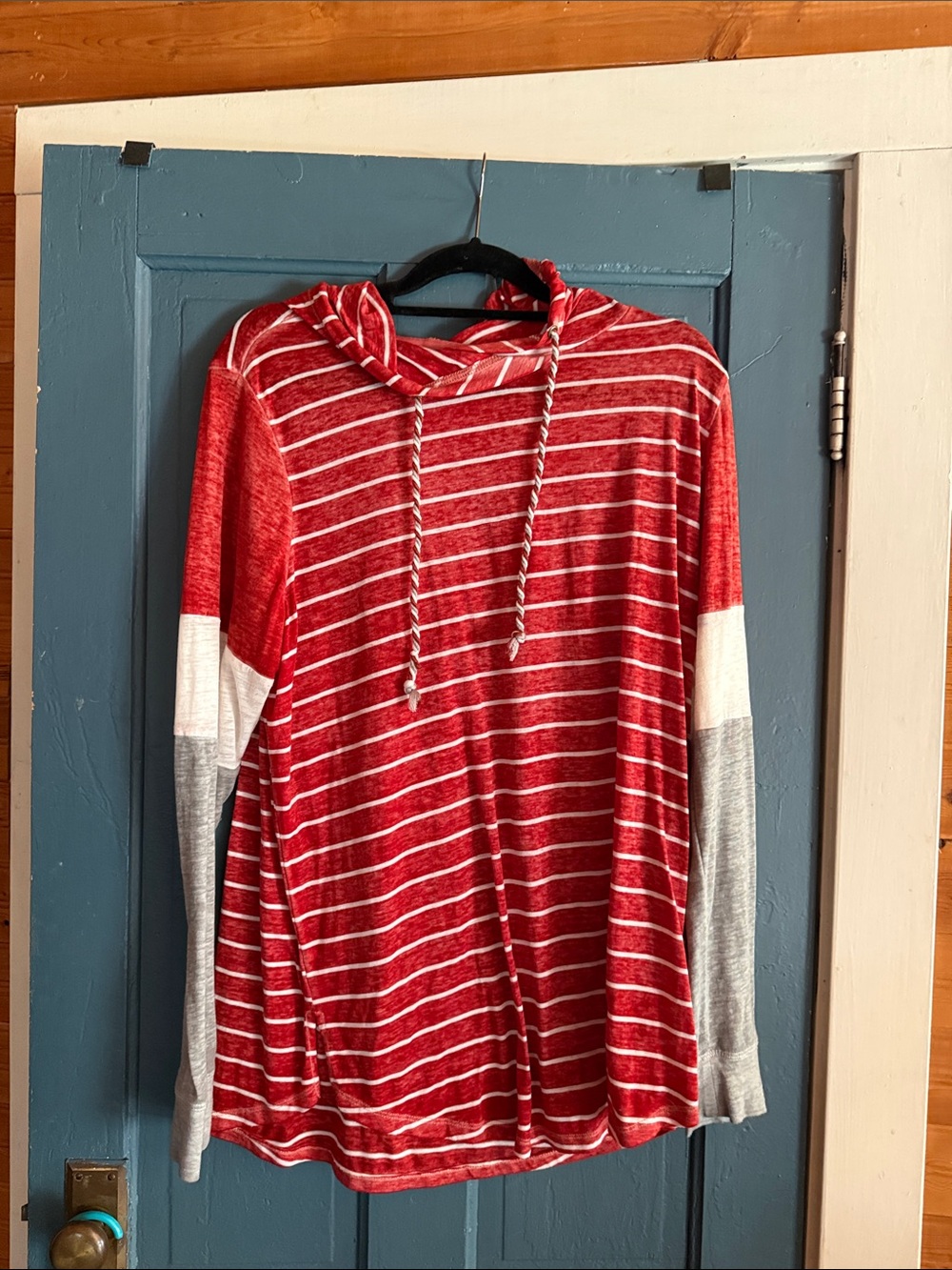 Maurices Red and White Striped Crewneck Hoodie.